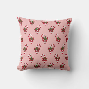 Coussin Motif de canne de Noël rouge et blanche sur fond r