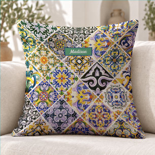 Coussin Motif de carreaux siciliens méditerranéens verts c