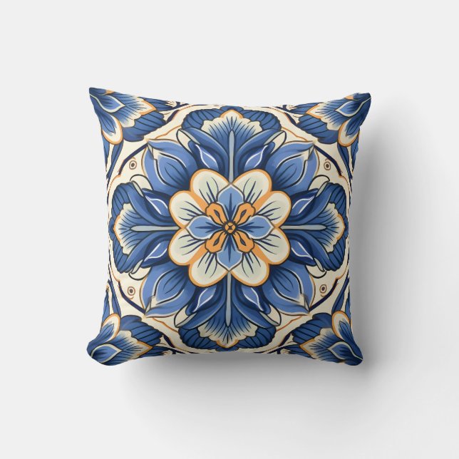 Coussin Motif de carrelage fleuri de style méditerranéen (Recto)