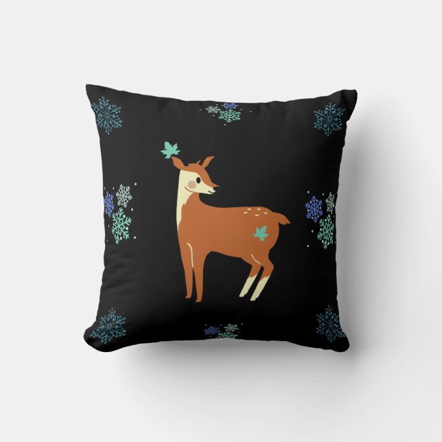 Coussin Motif de cerfs d'hiver et de flocons bleus sur noi (Recto)