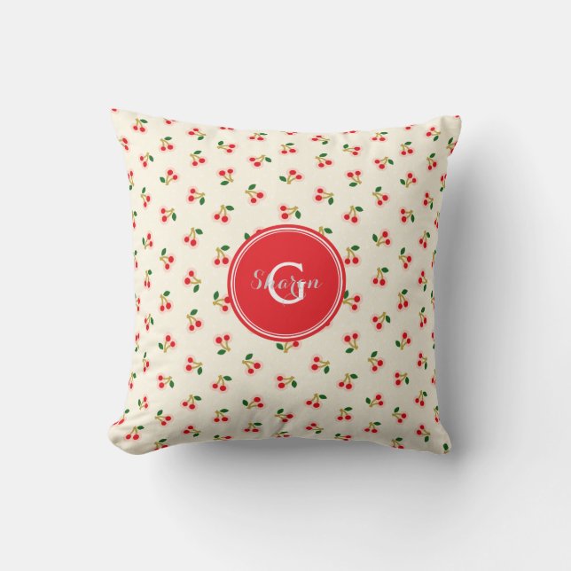 Coussin Motif de cerise rouge rétro féminin monogramme (Recto)