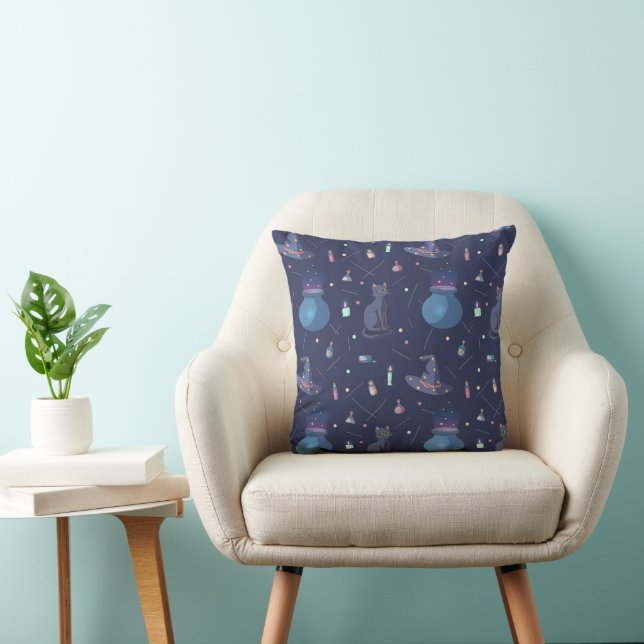 Coussin Motif de chat noir félin avec chaudrons et pot (Chaise)