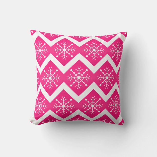 Coussin Motif de Chevron de flocons de neige de Noël rose (Recto)