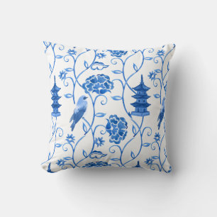 Coussin Motif de chinoiserie Pagode florale aquarelle bleu