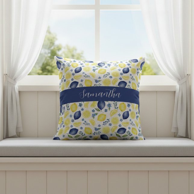 Coussin Motif de citron de campagne française bleu Nom (Créateur téléchargé)