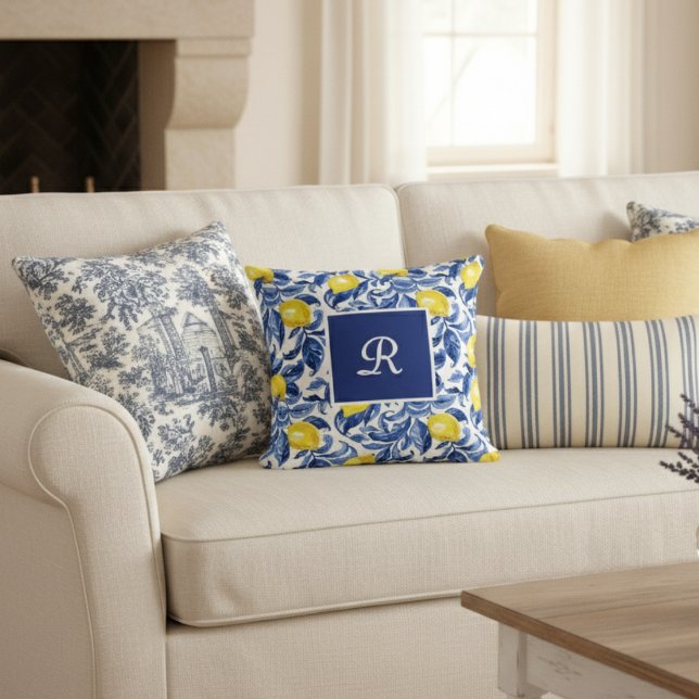 Coussin Motif de citron en aquarelle bleue monogramme (Créateur téléchargé)