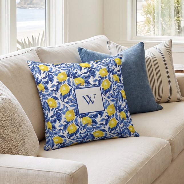 Coussin Motif de citron en aquarelle bleue monogramme (Créateur téléchargé)