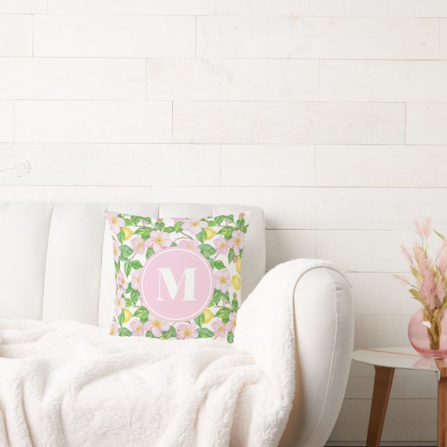 Coussin Motif de citron floral rose monogramme (Canapé)