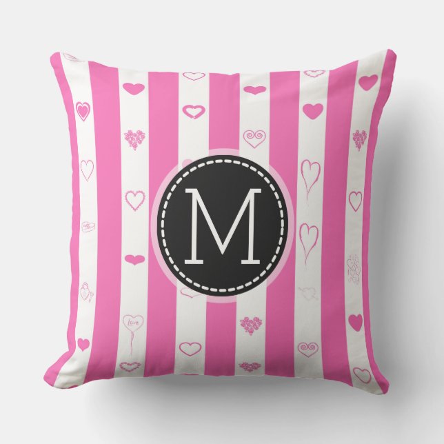 Coussin Motif de cœur moderne à rayures roses monogramme (Recto)