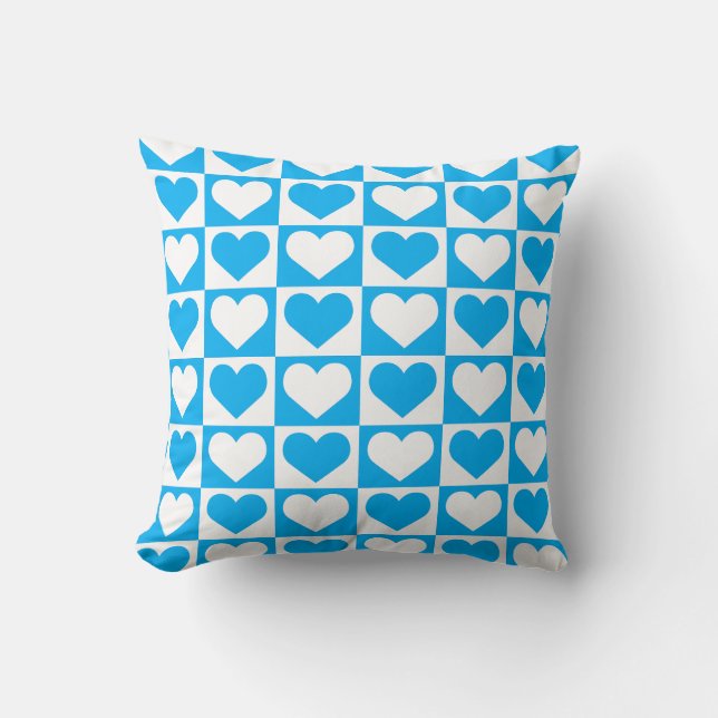Coussin Motif de coeurs à damier - Bleu ciel et blanc  (Recto)