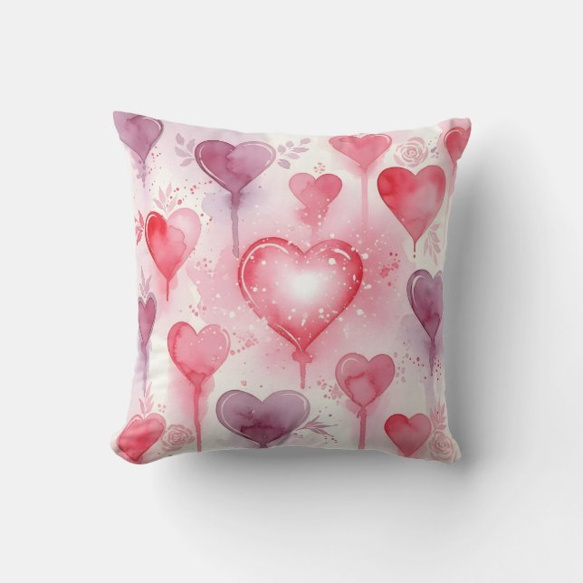 Coussin Motif de cœurs à l'aquarelle rose et violet romant (Recto)