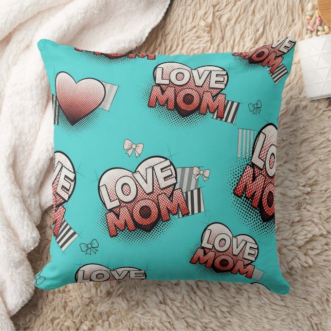 Coussin Motif de cœurs MAMAN Pop Art Turquoise (Couverture)