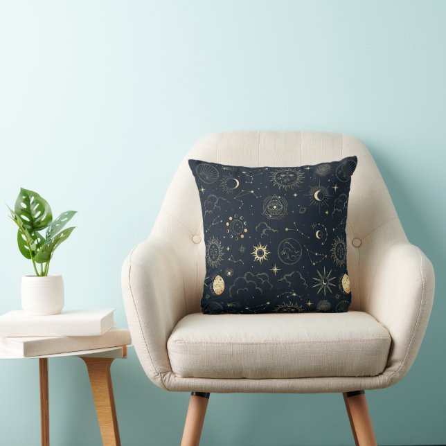Coussin Motif de constellation d'étoile d'or bleu minuit (Chaise)