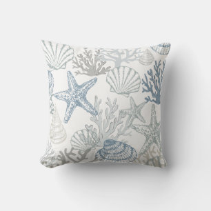 Coussin Motif de coquillages de poisson de mer bleu et gri