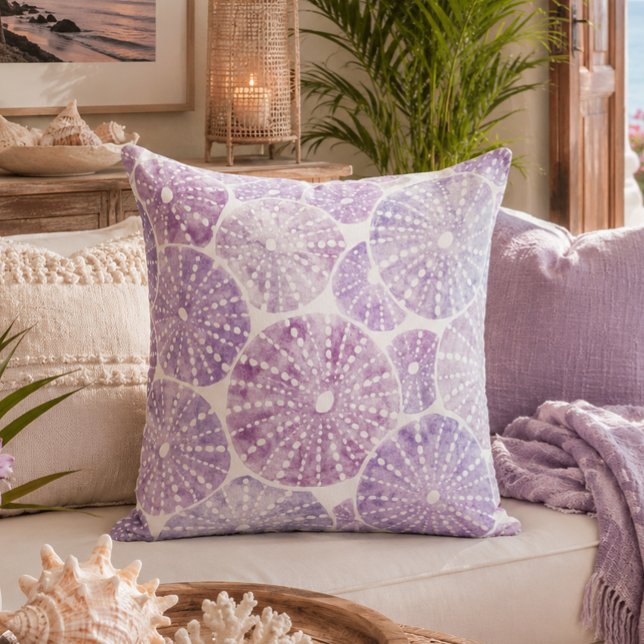 Coussin Motif de coquille d'oursin à l'aquarelle violet (Créateur téléchargé)