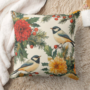 Coussin Motif de crème de Noël de mésange Dahlia cramoisie