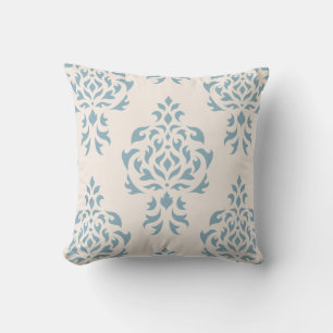 Coussin Motif de Damas de crête - Bleu sur crème