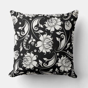 Coussin Motif de Damas florales noir et blanc