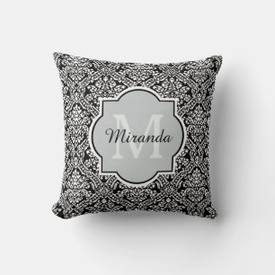 Coussin Motif de Damas noir et blanc Monogramme et nom