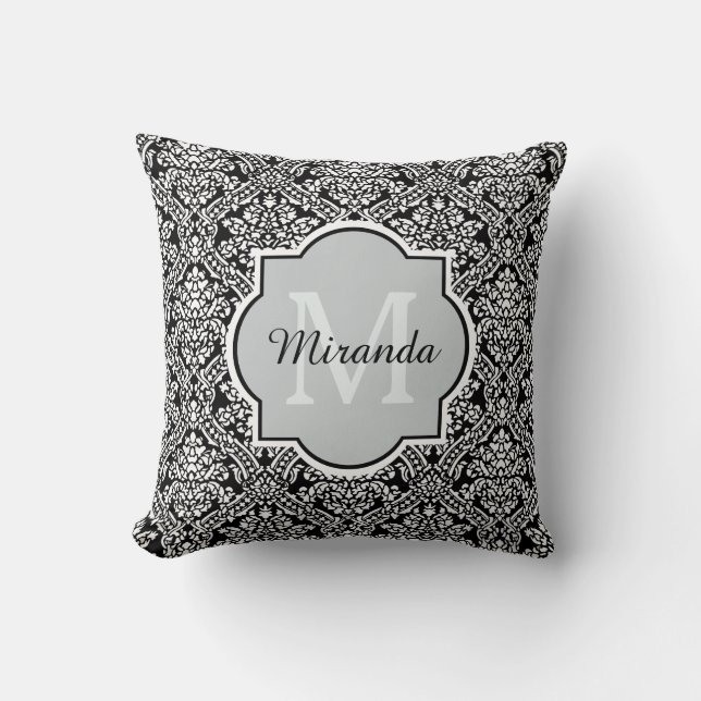 Coussin Motif de Damas noir et blanc Monogramme et nom (Recto)
