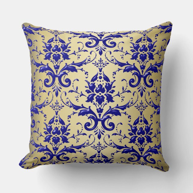 Coussin Motif de damassé de bleu français avec de l'or (Recto)
