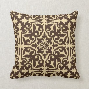 Coussin Motif de damassé d'Ikat - brun chocolat et
