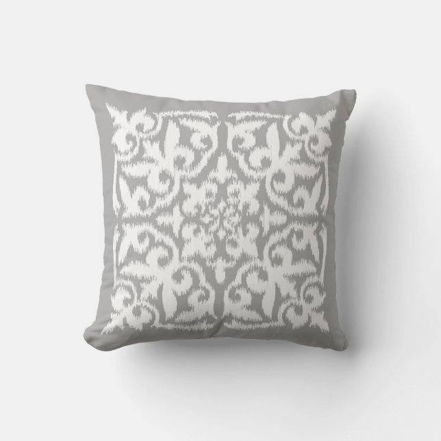 Coussin Motif de damassé d'Ikat - gris argenté et blanc (Recto)