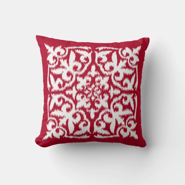 Coussin Motif de damassé d'Ikat - rouge foncé et blanc (Recto)