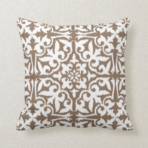 Coussin Motif de damassé d'Ikat - Taupe Tan et blanc