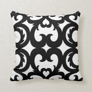 Coussin Motif de défilement du coeur en noir et blanc