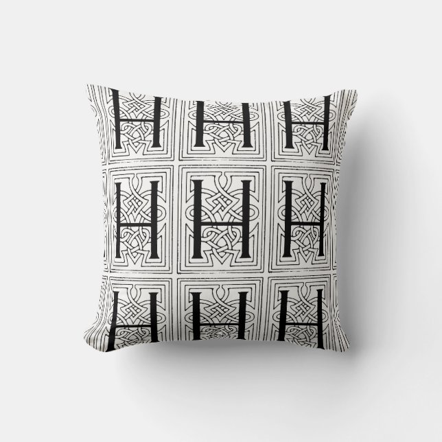 Coussin Motif de défilement noir et blanc initial Monogram (Recto)
