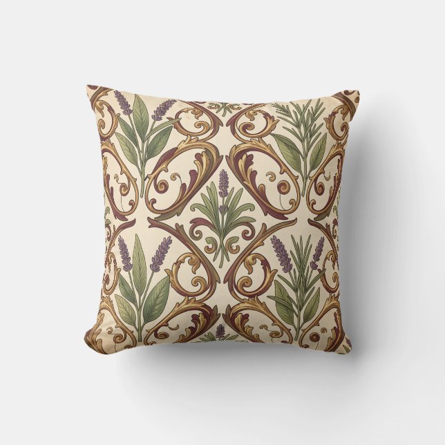 Coussin Motif de défilement or et lavande Romarin  (Recto)