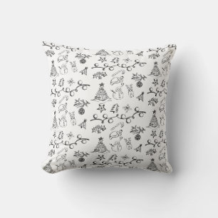 Coussin Motif de dessins de Noël noir et blanc