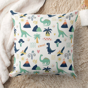 Coussin Motif de dinosaure et de volcan préhistoriques lud