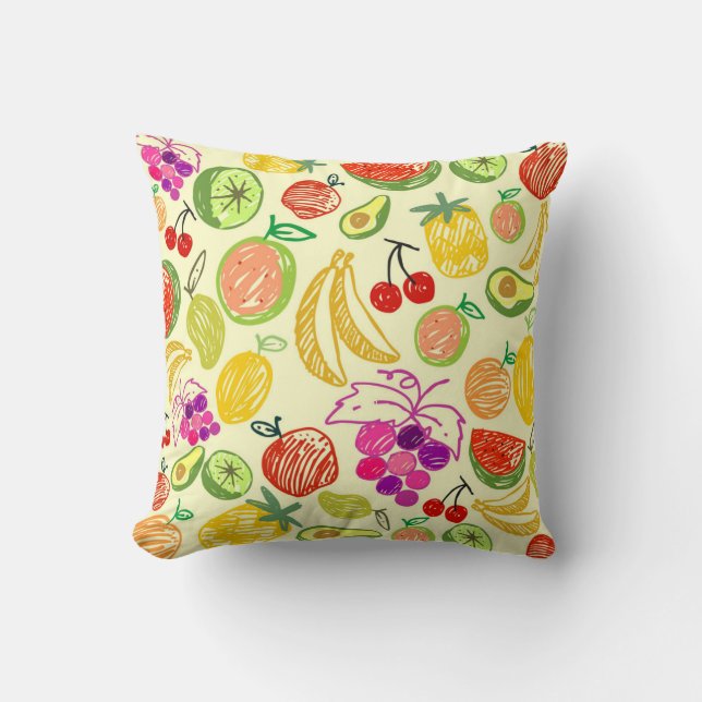 Coussin Motif de Doodle de Fruit Assorti Jaune réversible (Recto)