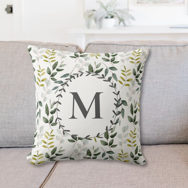 Coussin Motif de eucalyptus tropical vert monogrammé (In situ)