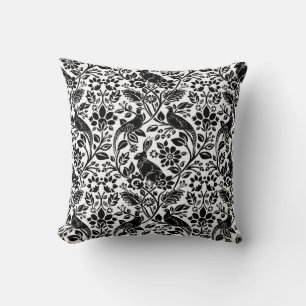 Coussin Motif de faisan et lièvre, blanc et noir