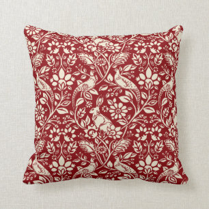 Coussin Motif de faisan et lièvre, rouge profond et crèm
