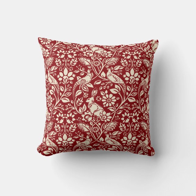 Coussin Motif de faisan et lièvre, rouge profond et crème (Recto)