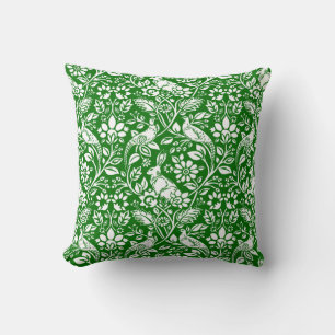 Coussin Motif de faisan et lièvre, vert émeraude et blanc