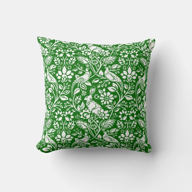 Coussin Motif de faisan et lièvre, vert émeraude et blanc (Recto)