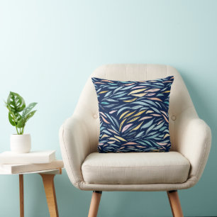 Coussin Motif de feuille d'art abstrait aquarelle bleu mar
