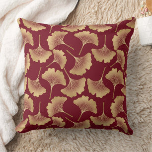 Coussin Motif de feuille de ginkgo doré en bordeaux pour b