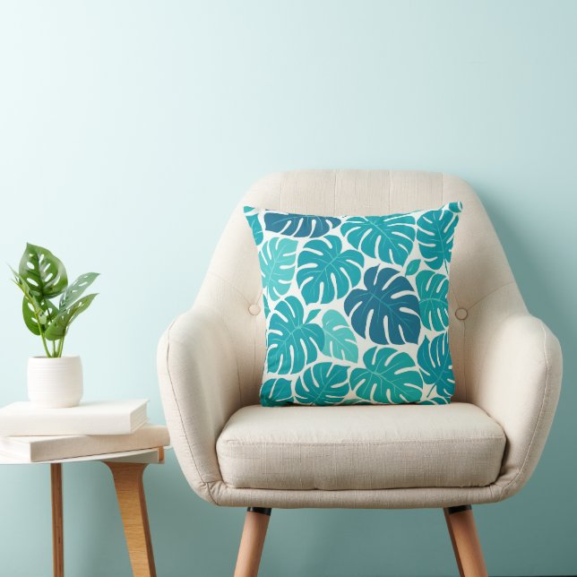Coussin Motif de feuille de Monstera Tropical en bleu et T (Chaise)