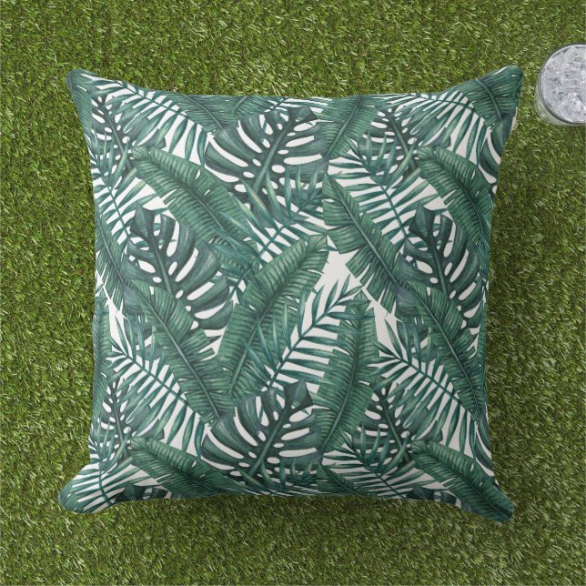 Coussin Motif de feuille de palmier vert foncé tropical (Herbe)