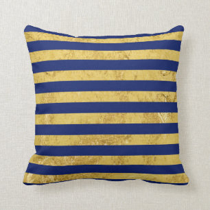 Coussin Motif de feuille d'or élégante et de rayure bleu