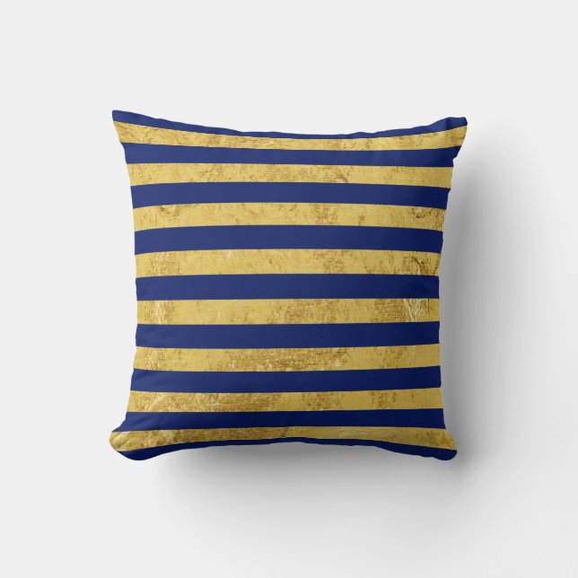 Coussin Motif de feuille d'or élégante et de rayure bleue (Recto)