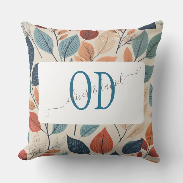 Coussin Motif de feuille dynamique avec noms et monogramme (Recto)