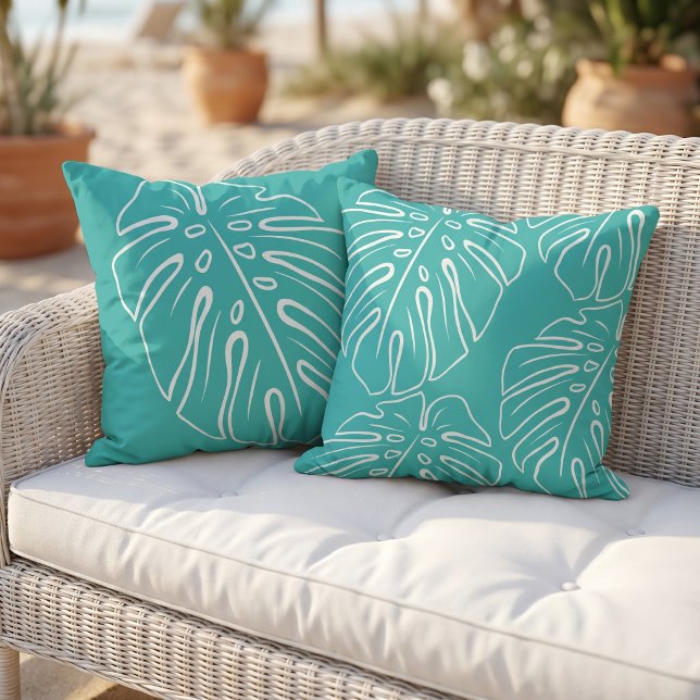 Coussin Motif de feuille tropicale blanche sur bleu-vert m (Créateur téléchargé)