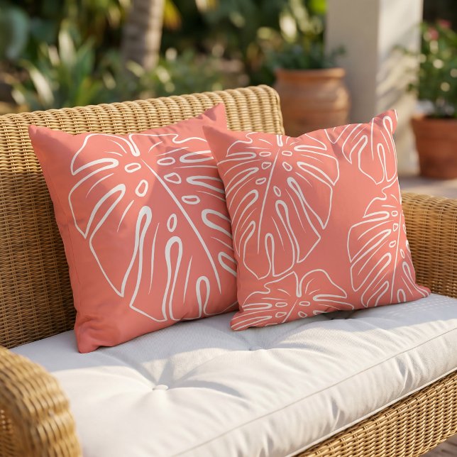 Coussin Motif de feuille tropicale blanche sur corail roug (Créateur téléchargé)